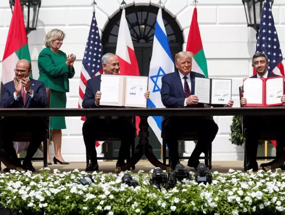 The signing of the Abraham Accords in 2020 between Bahrain, Israel, the US, and the United Arab Emirates (UAE) / Reuters